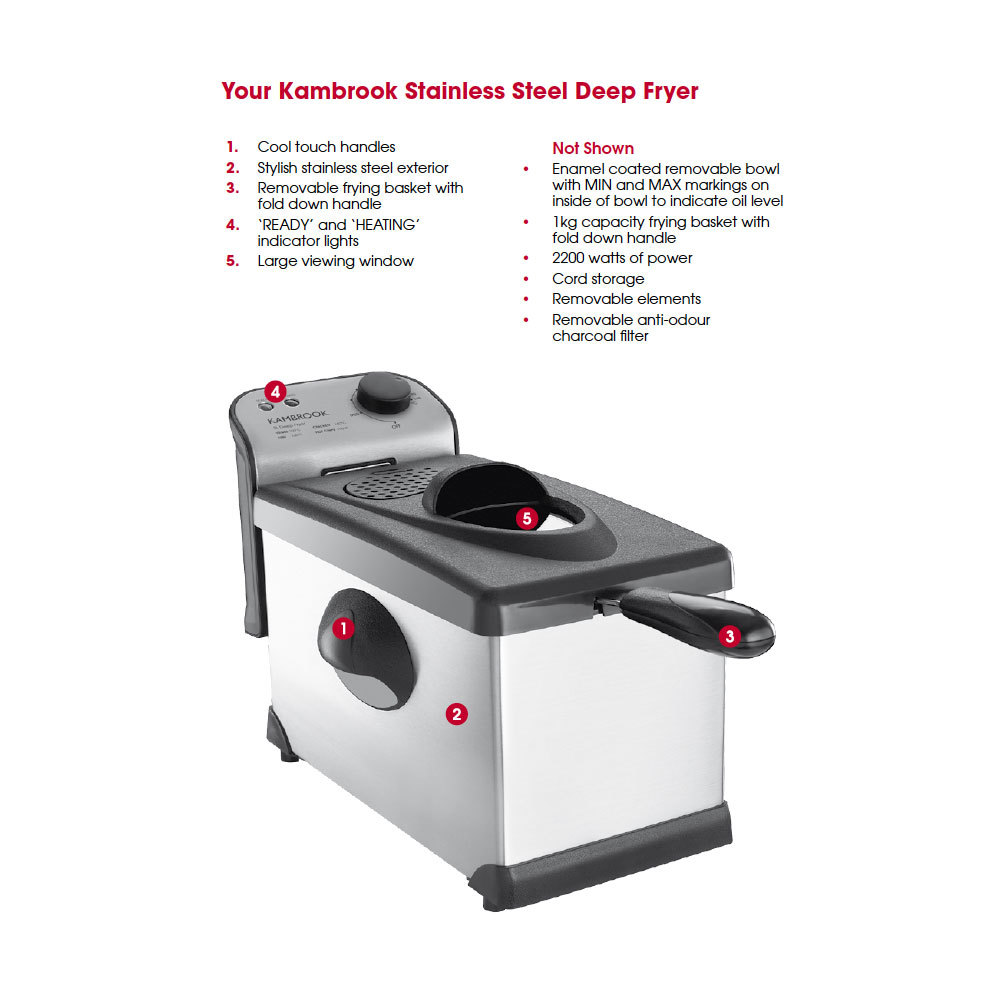 Kambrook 2200W 4L Stainless Steel Electric Deep Oil Fryer/Frying Chips