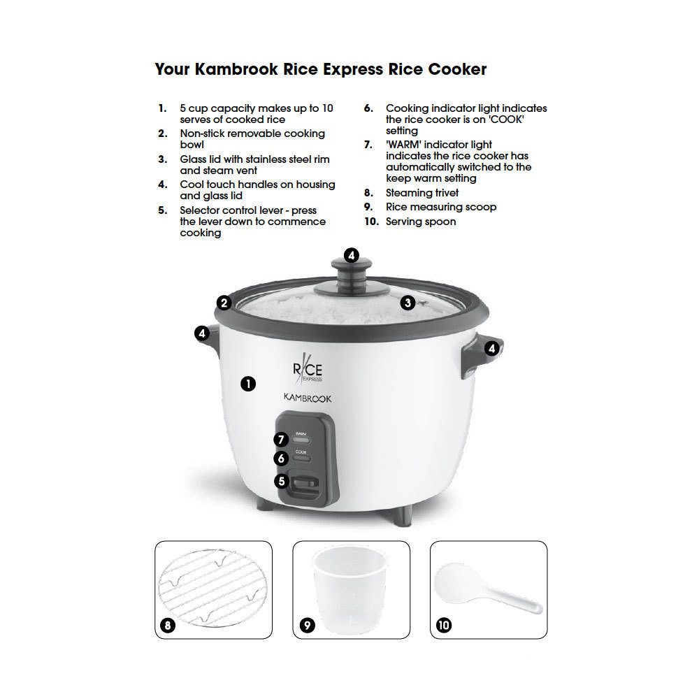 Kambrook Non-Stick Rice Express 5 Cup Rice Cooker w/ Spoon/Cup/Trivet ...