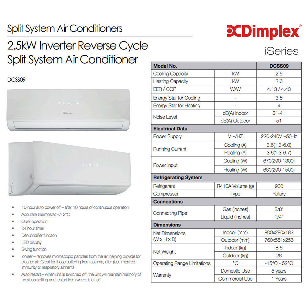 Dimplex DCSS09 2.5kW Split System Air Conditioner Online KG Electronic