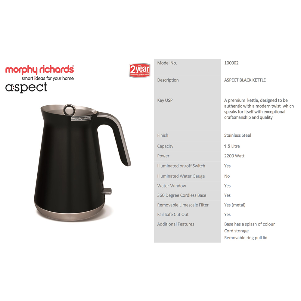 Black Morphy Richards 1.5L Stainless Steel Aspect Cordless Kettle Water