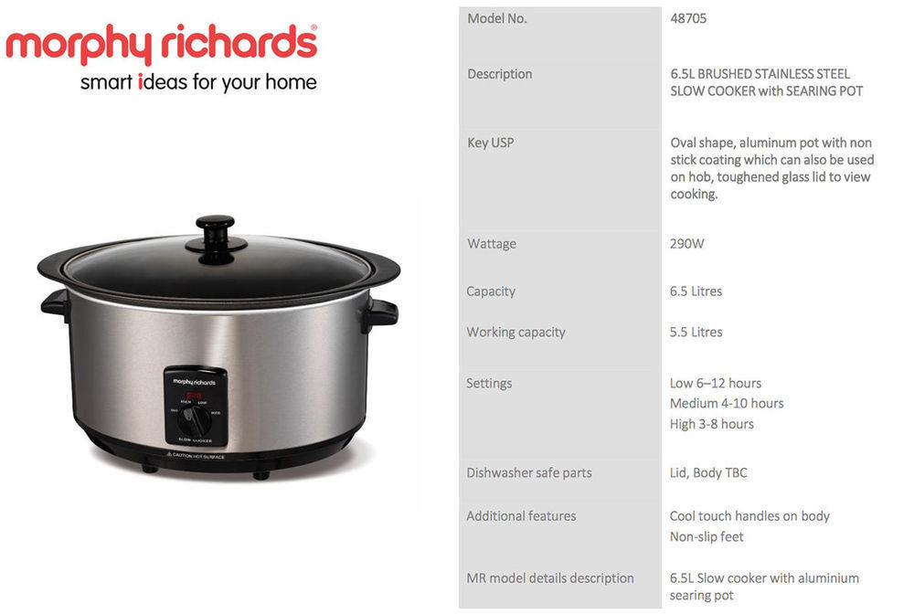 Morphy Richards 48705 6.5L Electric Stainless Steel Slow Cooker w/ Non