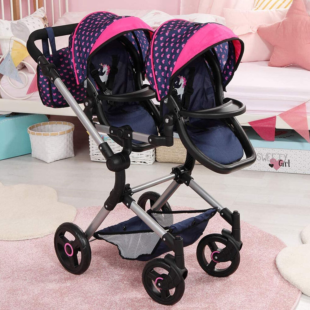 Bayer Twin Neo Doll Pram Blue w/ Pink Hearts & Unicorns Online KG Electronic