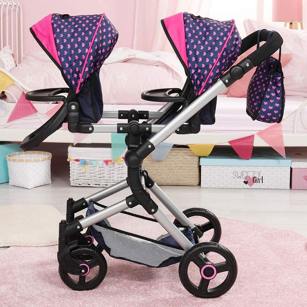 Bayer Twin Neo Doll Pram Blue w/ Pink Hearts & Unicorns Online KG Electronic