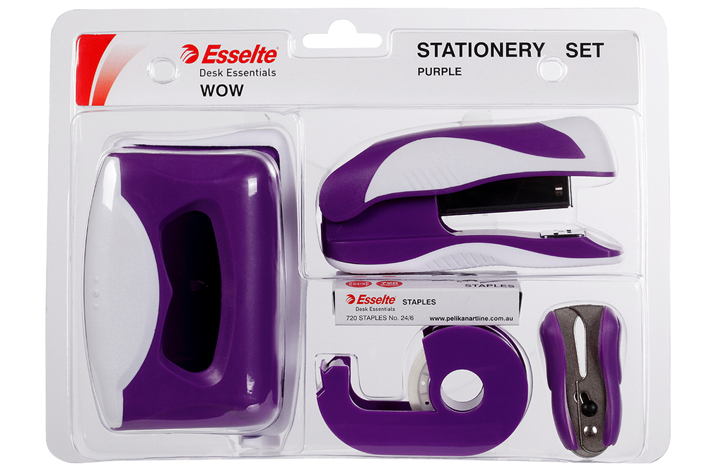 Purple Stationery/hole punch/sheet/24/6 staples/stapler/remover/tape