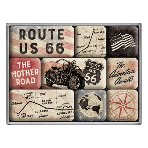 Route 66 Map Set di 9 Magneti Vintage Design Mod 