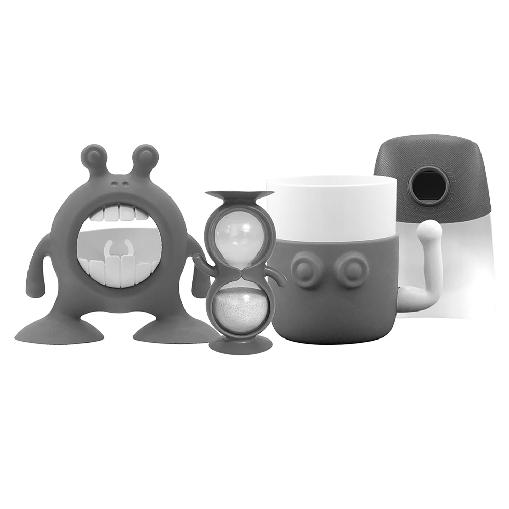 Set Bagno Prince Lionheart Eyefamily | Portaspazzolino, Estendi Rubinetto, Timer & Tazza Spazzolino Da Denti | Kit per abitudini da bagno salutari | Lavandino Bagno - Grigio