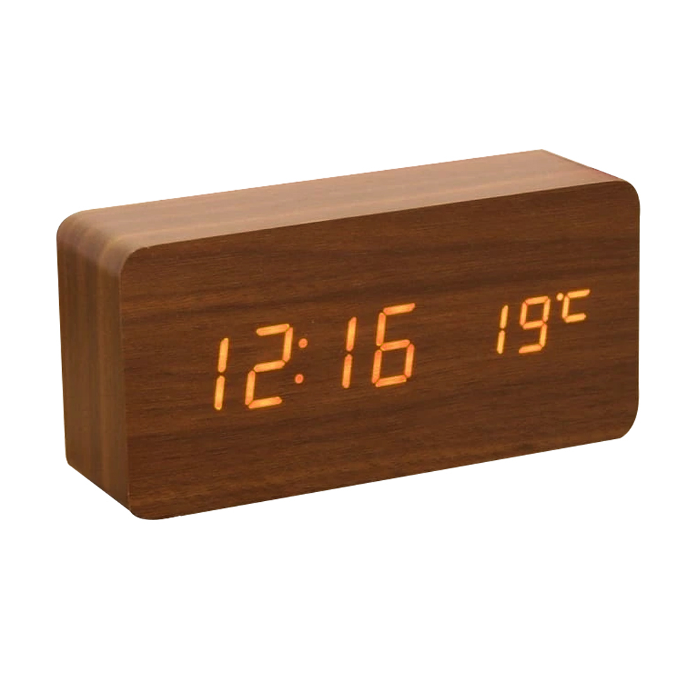 LED Digital Sound/Voice Activated 15cm Wooden Alarm Clock w/Temperature