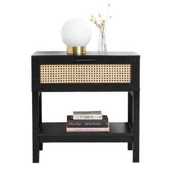 Casa Decor Tulum Rattan/Wood Bedside Table w/ Drawer 60x60cm - Black