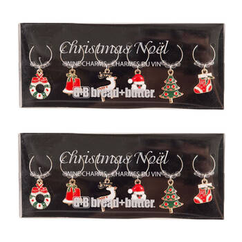 2x 6pc Bread and Butter Alloy/Steel Various Christmas Mix Wine Glass Charm Set