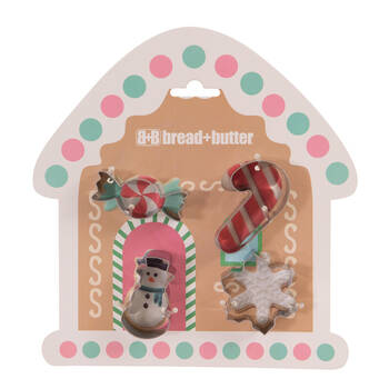 4pc Bread and Butter Stainless Cookie Cutter House/Snowman/Snowflake/Cane