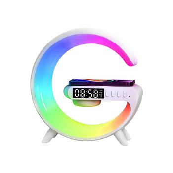 Charge Logic 10W Qi Wireless Charging Stand w/FM Clock Radio RGB Lighting White