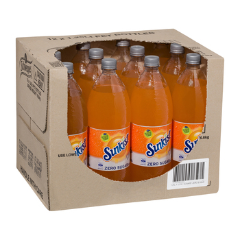 12pc Sunkist Zero Sugar Orange Flavoured Soft Drink Bottles 1.25L