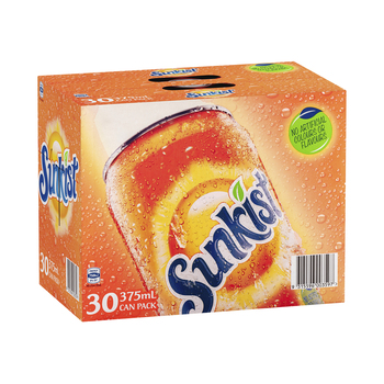 30pc Sunkist Orange Flavoured Soft Drink Cans 375ml