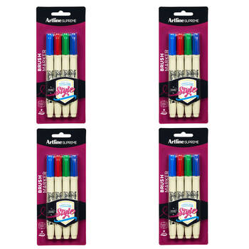 4x 4pc Artline Supreme Brush Markers - Assorted Colours
