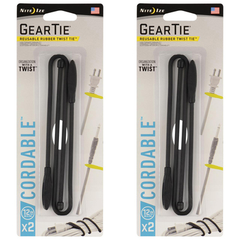 2x 2pc Nite Ize 12in Gear Tie Cordable Rubber Twist Organiser - Black