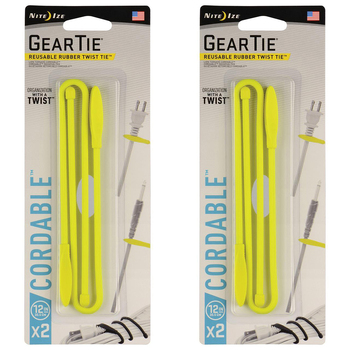 2x 2pc Nite Ize 12in Rubber Gear Tie Reusable Cordable Twist Organiser Yellow