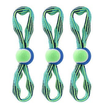 3PK Paws & Claws Tug-Of-War Double Loop Rope W/ Tennis Ball & Squeakers 33cm Blue/Green