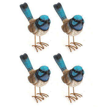 4x Garden 7cm Fairy Wren Blue w/ Feet Bird Ornament Decor