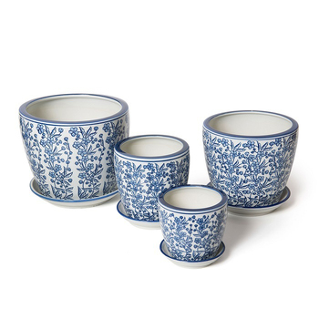 4pc Ceramic Tall Pot Planter w/ Saucer Garden Decor - Light Blue