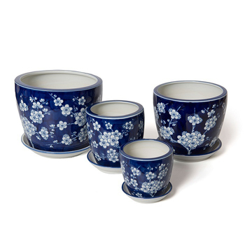 4pc Ceramic Tall Pot Planter w/ Saucer Garden Decor - Dark Blue