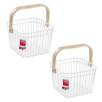 2PK Boxsweden 24cm Wire Storage Basket w/ Birchwood Handle White