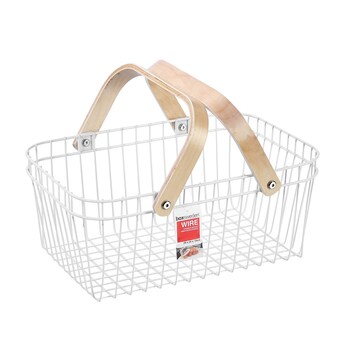 Boxsweden Wire Storage Basket w/ Birchwood Handle White