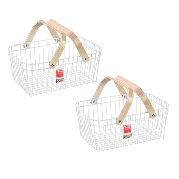 2PK Boxsweden Wire Storage Basket w/ Birchwood Handle White