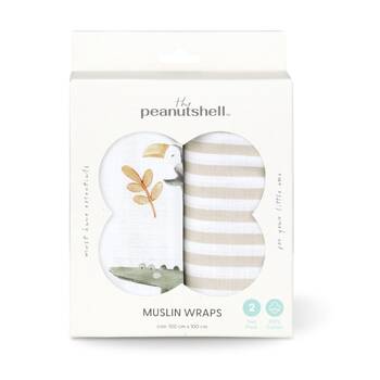 2pc The Peanutshell Safari Dreams Baby Muslin Wraps 100% Cotton White/Beige