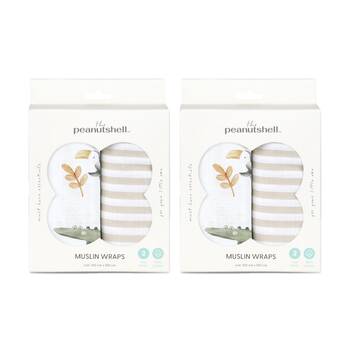 2x 2pc The Peanutshell Safari Dreams Baby Muslin Wraps 100% Cotton White/Beige