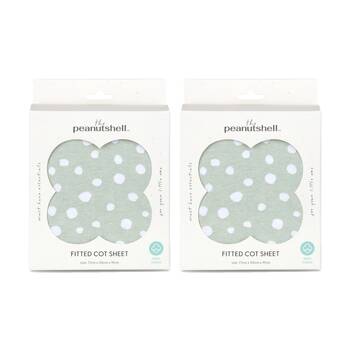2PK The Peanutshell 100% Jersey Cotton Green Polka Dot Cot Fitted Sheet 77x135cm