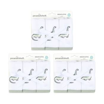 3x 3Pc The Peanutshell Dinosaur Childrens/Baby Washcloths 100% Cotton Green