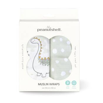 2pc The Peanutshell Dinosaur Baby Muslin Wraps 100% Cotton Sage Green/White