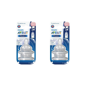 2x 2pc Philips Avent Classic+ Variable Flow Teat Clear 3m+