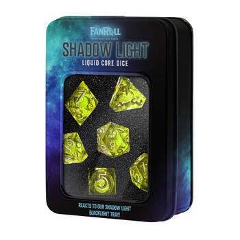 7pc Fanroll by Metallic Shadow Light UV Reactive Elixir Liquid Core Tabletop Game Dice Set