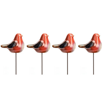 4x Garden Ceramic 11.5cm Birds on Stick Outdoor Decor - Red