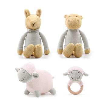 4pc The Peanutshell Plush Animal Toys and Bamboo Rattle Ring Bundle Pink/Brown