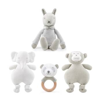 4pc The Peanutshell Plush Animal Toys and Bamboo Rattle Ring Bundle Grey
