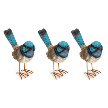 3x Garden 11.5cm Bird Fairy Wren w/ Feet Outdoor Decor Large - Blue