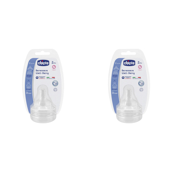 2x 2pc Chicco Nursing Baby Well-Being Medium Flow Silicone Teat 2m+