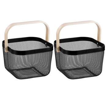 2PK Boxsweden Mesh Storage Basket 25X25X17cm w/Birch Wood Handle Black