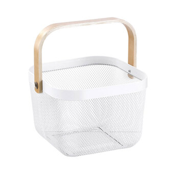 Boxsweden Mesh Storage Basket 25X25X17cm w/Birch Wood Handle White