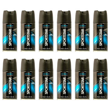 12PK Sportstar Men's Deodorant Body Spray Ice Blue Scent 150ml Odour Protection