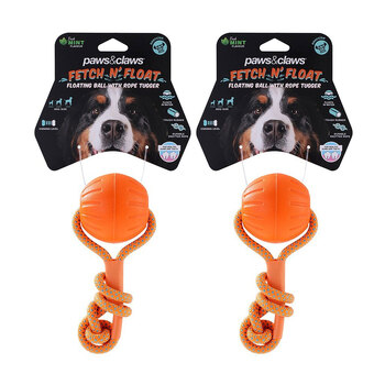 2PK Paws & Claws Fetch N' Play Pet Dog Ball Rope Tugger 6cm Orange