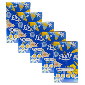 5x 40pc Fluffy Tumble Dryer Sheets Field Flowers Softens Fabrics Static-Free