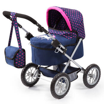 Bayer Trendy 68cm Doll Pram Bark Blue w/ Pink Hearts & Unicorn 3y+