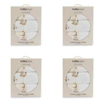 4x 3pc Bubba Blue Children's and Baby Elephant Bedtime Face Washers 25x25cm