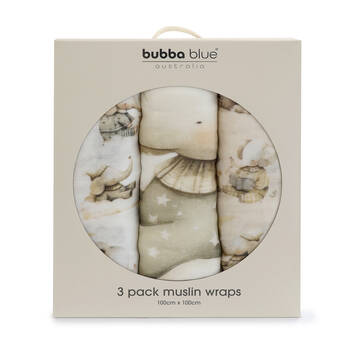 3pc Bubba Blue Elephant Bedtime Muslin Swaddle Wraps 100x100xm