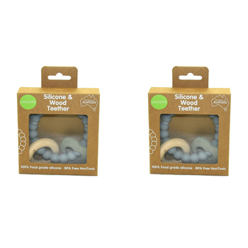 2PK Playette Silicone And Wood Baby/Infant Heart Teether Grey 4m+