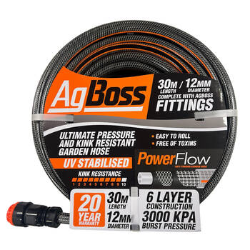 AgBoss Premium Kink Resistant Gardening Fitted Hose 12mmx30m
