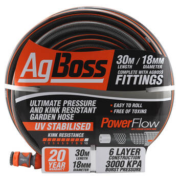 AgBoss Premium Kink Resistant Gardening Fitted Hose 18mmx30m